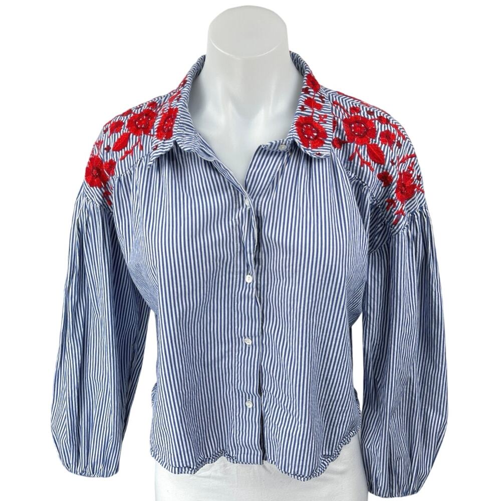Zara Trafaluc Blue Red Floral Embroidered Striped Button Down Shirt Top Size L